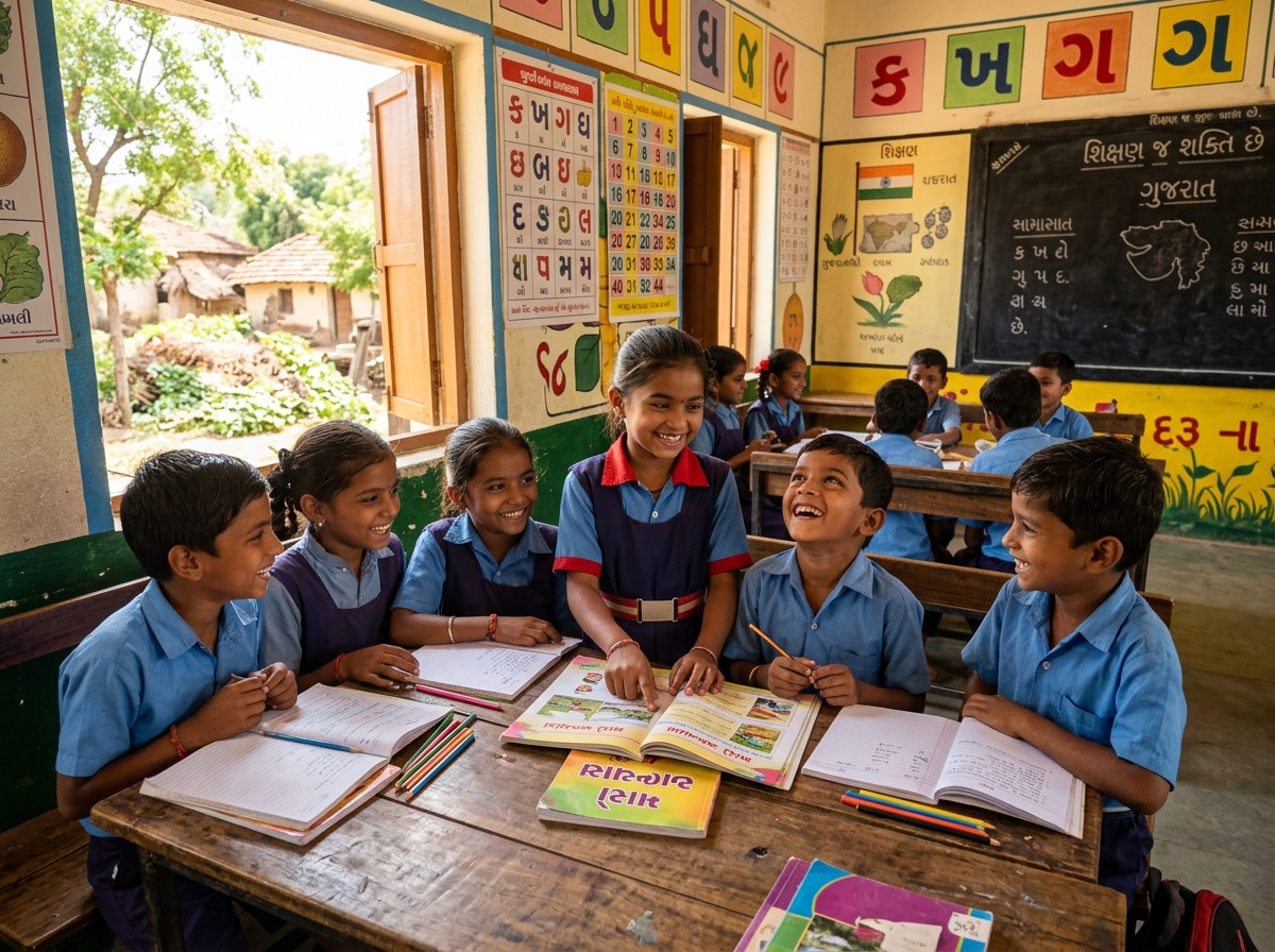 Children studying in a rural classroom in Gujarat