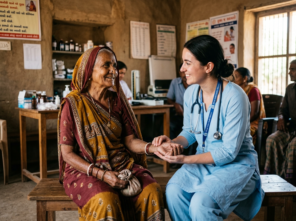 Medical volunteer treating an elderly patient in Gujarat