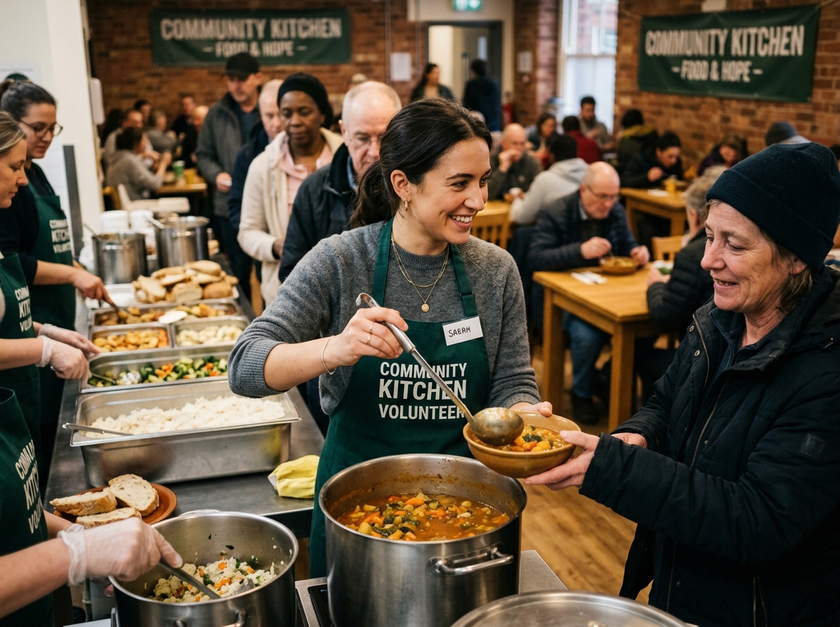 Volunteer serving traditional food at a community kitchen