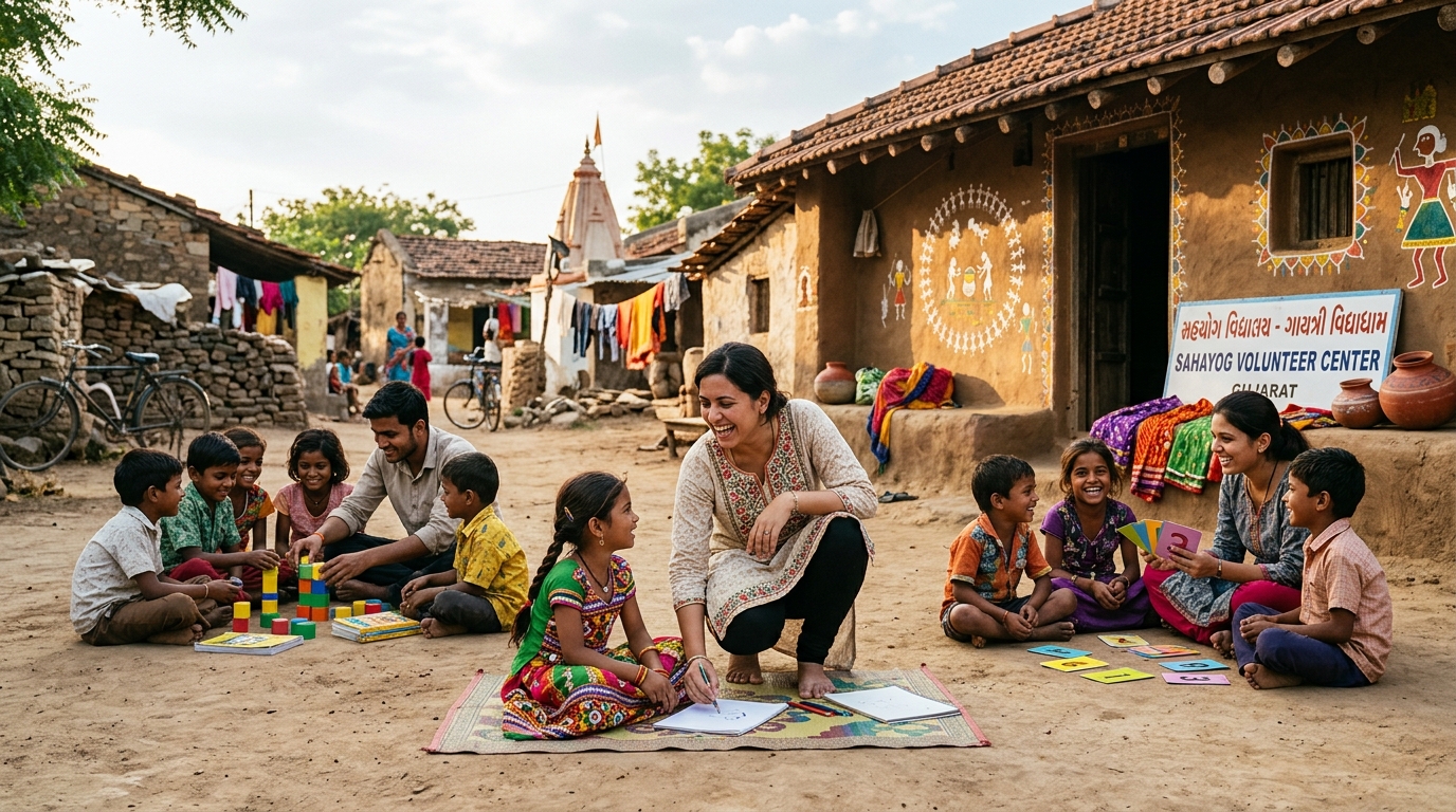 Volunteers helping children in a Gujarat village